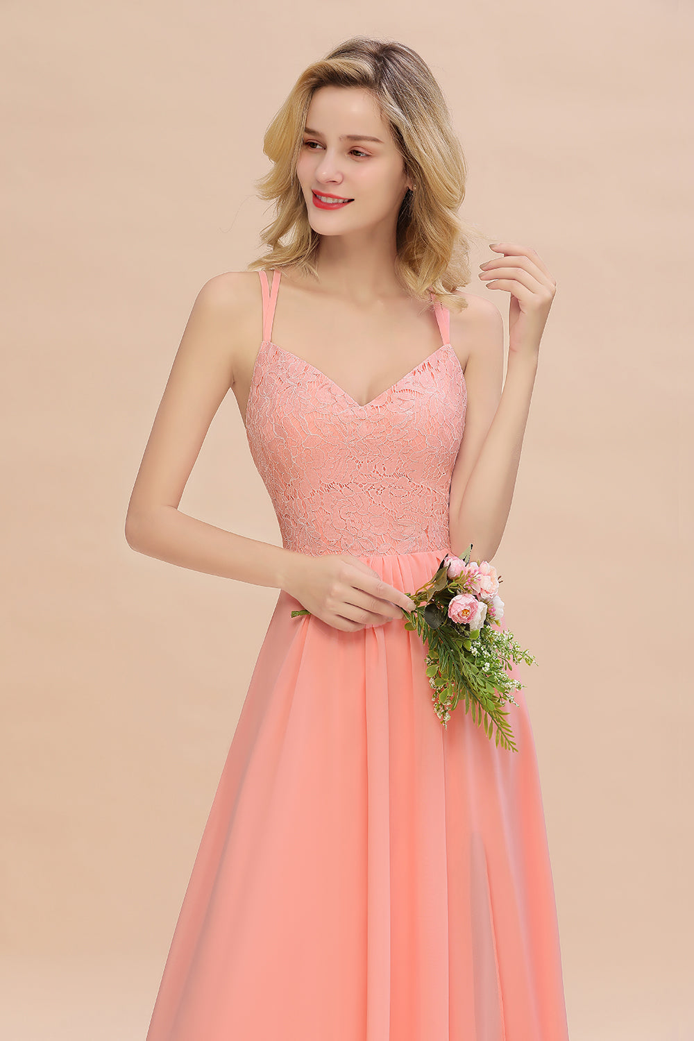 Sexy Spaghetti-Straps Coral Lace Bridesmaid Dresses with Slit
