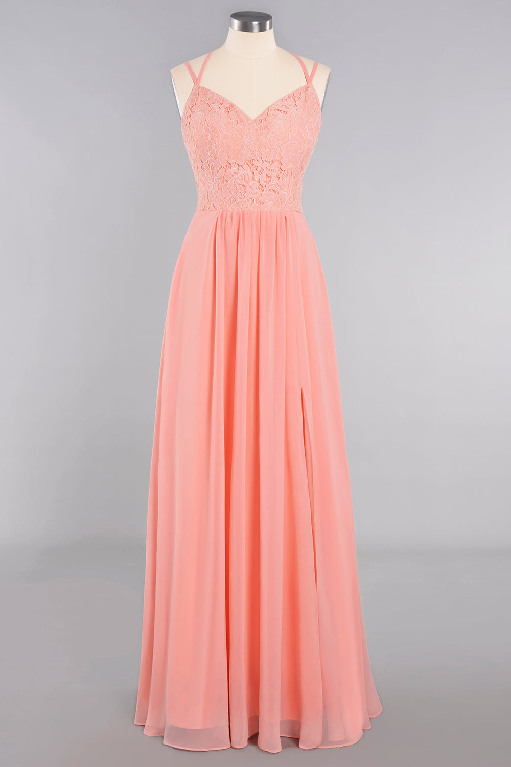 Sexy Spaghetti-Straps Coral Lace Bridesmaid Dresses with Slit