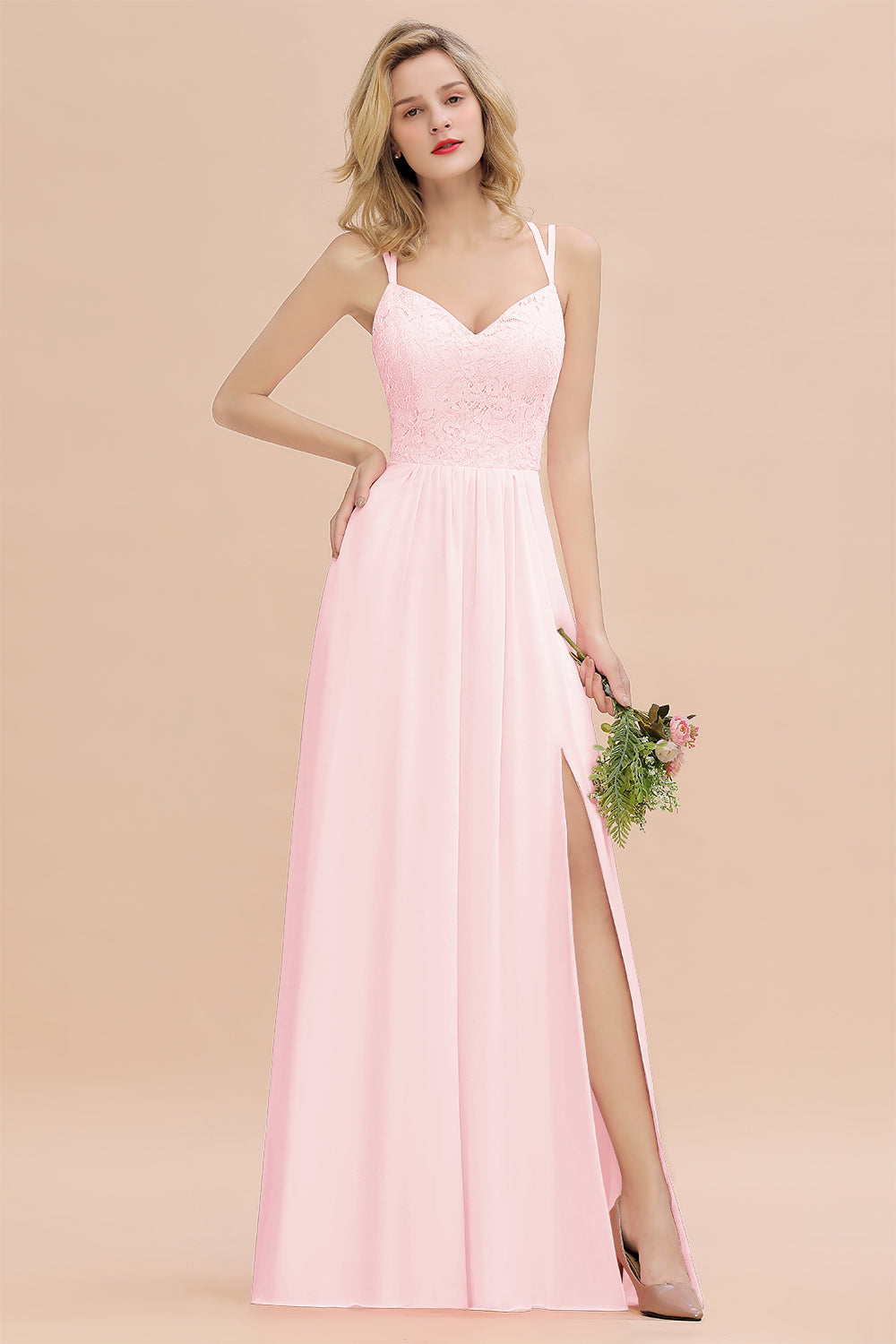Sexy Spaghetti-Straps Coral Lace Bridesmaid Dresses with Slit