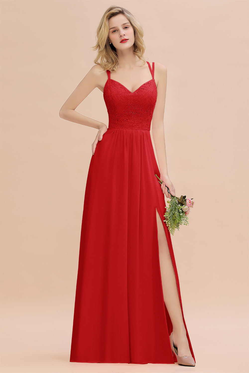 Sexy Spaghetti-Straps Coral Lace Bridesmaid Dresses with Slit