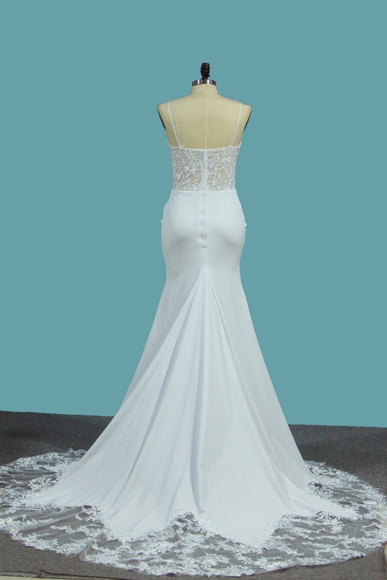Sexy Spaghetti Straps Satin Wedding Dress Mermaid Lace Applqiues Bridal Gowns On Sale