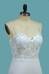 Sexy Spaghetti Straps Satin Wedding Dress Mermaid Lace Applqiues Bridal Gowns On Sale