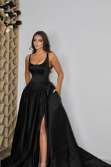 Sexy Sleeveless A-Line Satin Evening Gown with Split Front and Spaghetti Straps
