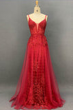 Sexy Spaghetti Straps V-Neck Prom Dresses with Gold Appliques Beadings