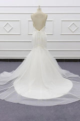 Sexy Spaghetti Straps White Mermaid Wedding Dresses Tulle Sleeveless Bridal Gowns With Appliques On Sale