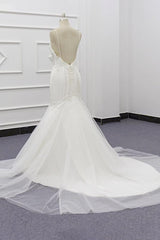 Sexy Spaghetti Straps White Mermaid Wedding Dresses Tulle Sleeveless Bridal Gowns With Appliques On Sale