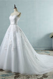 Sexy Strapless Sweetheart Tulle Wedding Dress Sleeveless Appliques Bridal Gowns with Beadings Sash