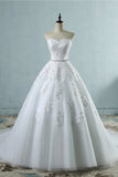 Sexy Strapless Sweetheart Tulle Wedding Dress Sleeveless Appliques Bridal Gowns with Beadings Sash
