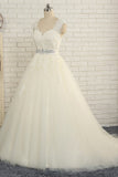 Sexy Straps Sleeveless Lace Wedding Dresses With Appliques A line Tulle Ruffles Bridal Gowns On Sale