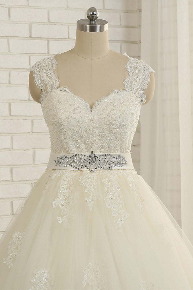 Sexy Straps Sleeveless Lace Wedding Dresses With Appliques A line Tulle Ruffles Bridal Gowns On Sale
