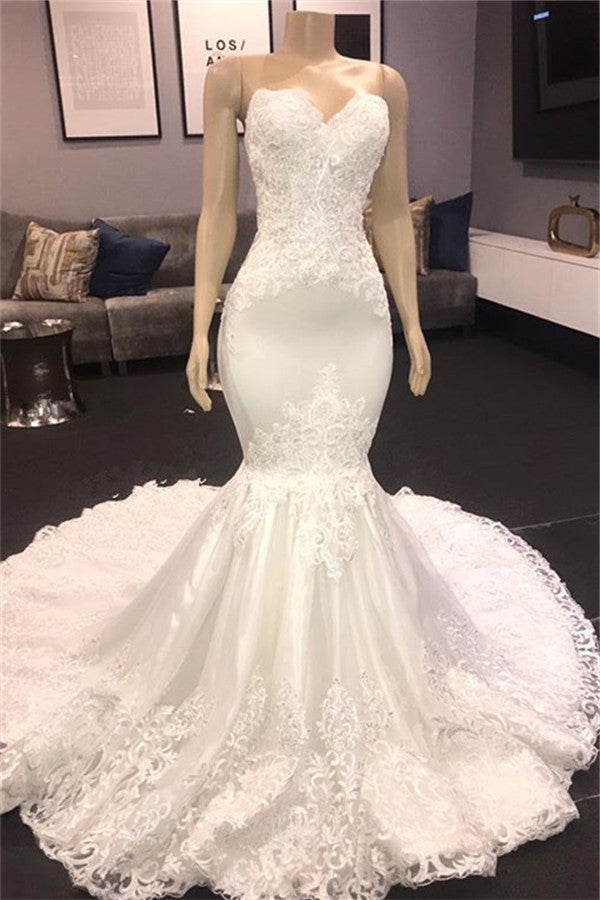 Sexy Sweetheart Mermaid Lace Wedding Dresses With Appliques Satin Ruffles Bridal Gowns Online