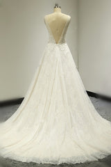 Sexy Tulle Deep-V-Neck Lace Wedding Dress Sleeveless Appliques Pearls Bridal Gowns On Sale
