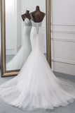 Sexy Tulle Spaghetti Straps Mermaid White Wedding Dresses with Rhinestones Online