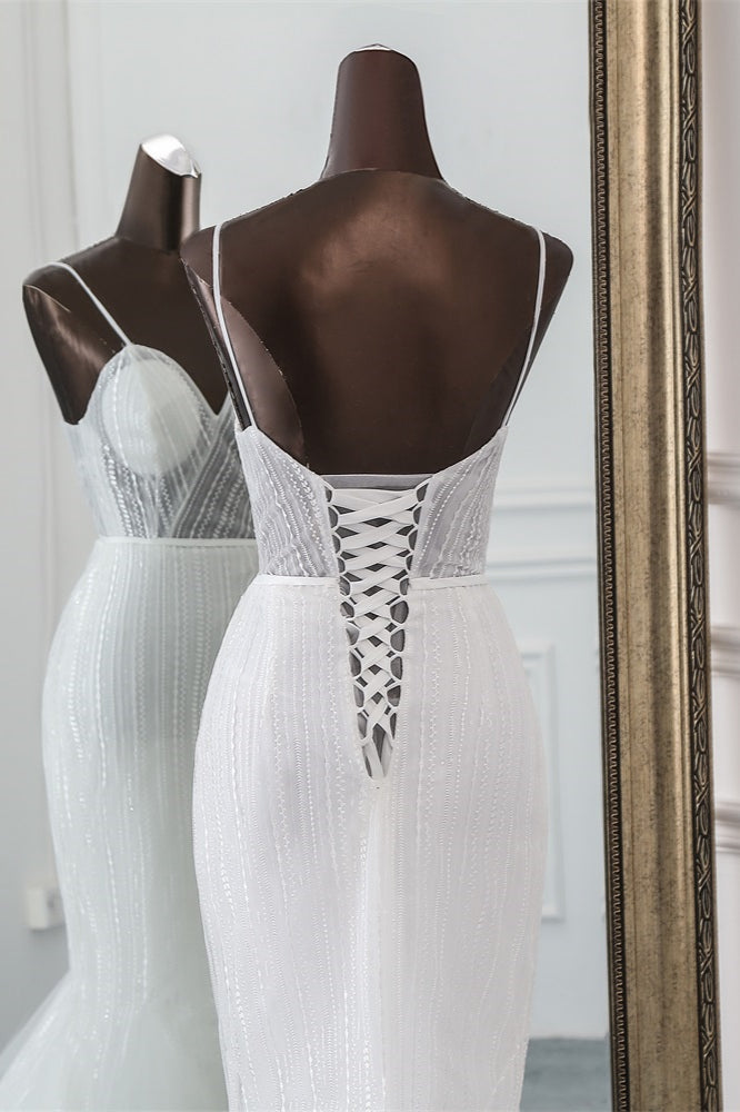 Sexy Tulle Spaghetti Straps Mermaid White Wedding Dresses with Rhinestones Online