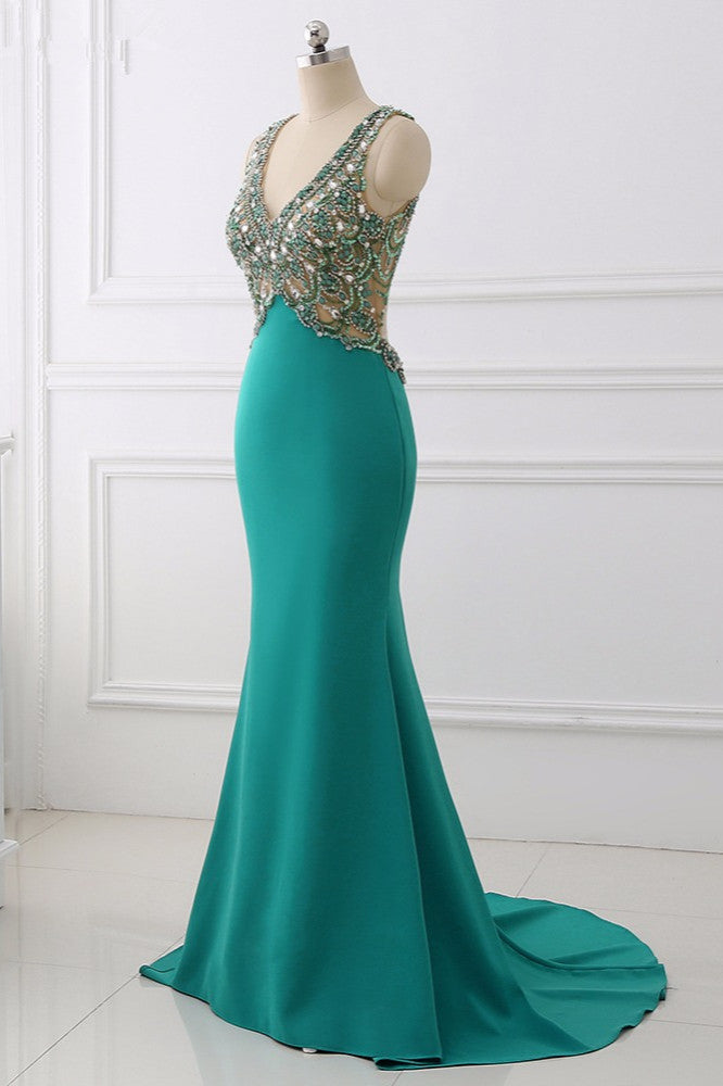 Sexy V-Neck Appliques Mermaid Prom Dresses Sleeveless with Crystals On Sale