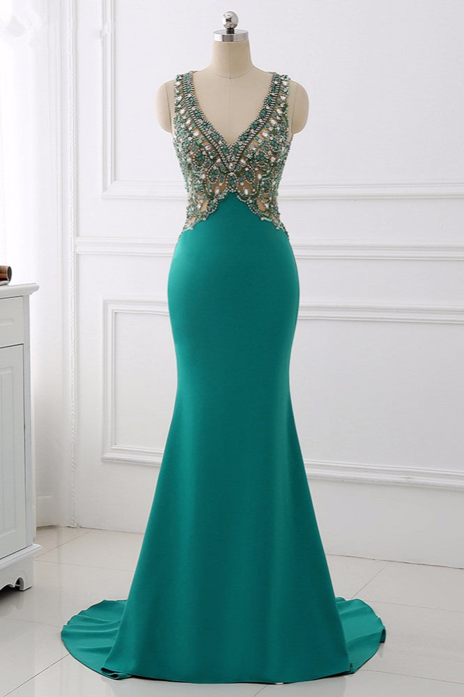 Sexy V-Neck Appliques Mermaid Prom Dresses Sleeveless with Crystals On Sale