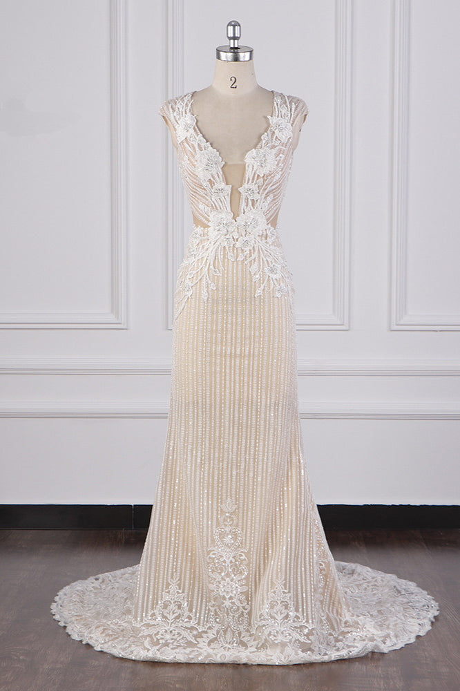 Sexy V-Neck Lace Appliques Wedding Dress Sleeveless Beadings Backless Bridal Gowns On Sale