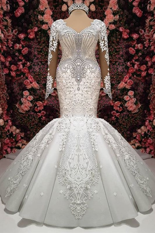 Sexy V-neck Longsleeves Lace Wedding Dresses With Appliques White Mermaid Bridal Gowns Online