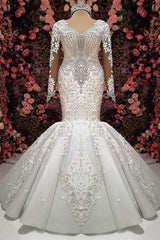Sexy V-neck Longsleeves Lace Wedding Dresses With Appliques White Mermaid Bridal Gowns Online