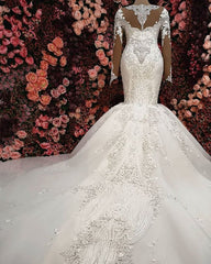 Sexy V-neck Longsleeves Lace Wedding Dresses With Appliques White Mermaid Bridal Gowns Online