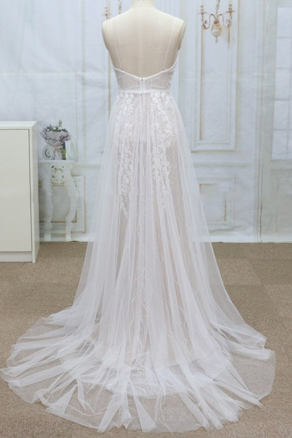 Sexy V-neck Straps Sleeveless Wedding Dresses Lace Appliques Tulle Bridal Gowns On Sale
