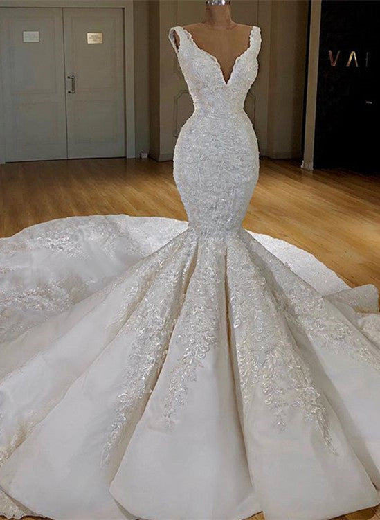 Sexy White Mermaid Ruffles Wedding Dresses Straps Sleeveless V-neck Bridal Gowns With Appliques Online