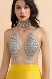 Sexy Yellow Halter Backless Prom Dress Long Mermaid With Crystals