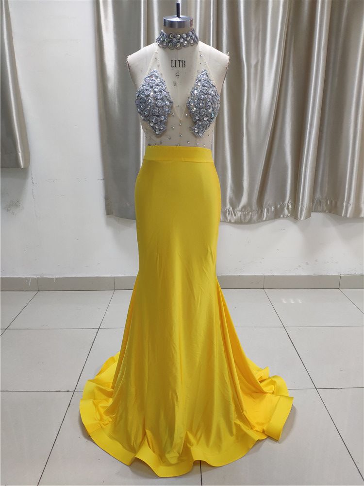 Sexy Yellow High Neck Ruffle Prom Dress Affordable with Backless Online