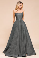 Shinning Strapless Long Prom Dress Lace-up Evening Gowns With Split