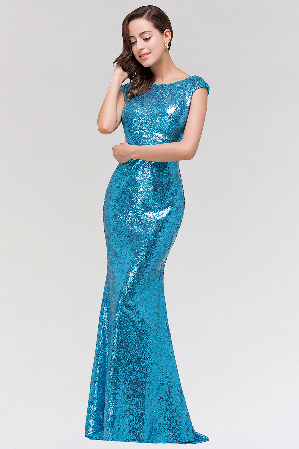 Shinny Sequined Long Mermaid Blue Affordable Bridesmaid Dress