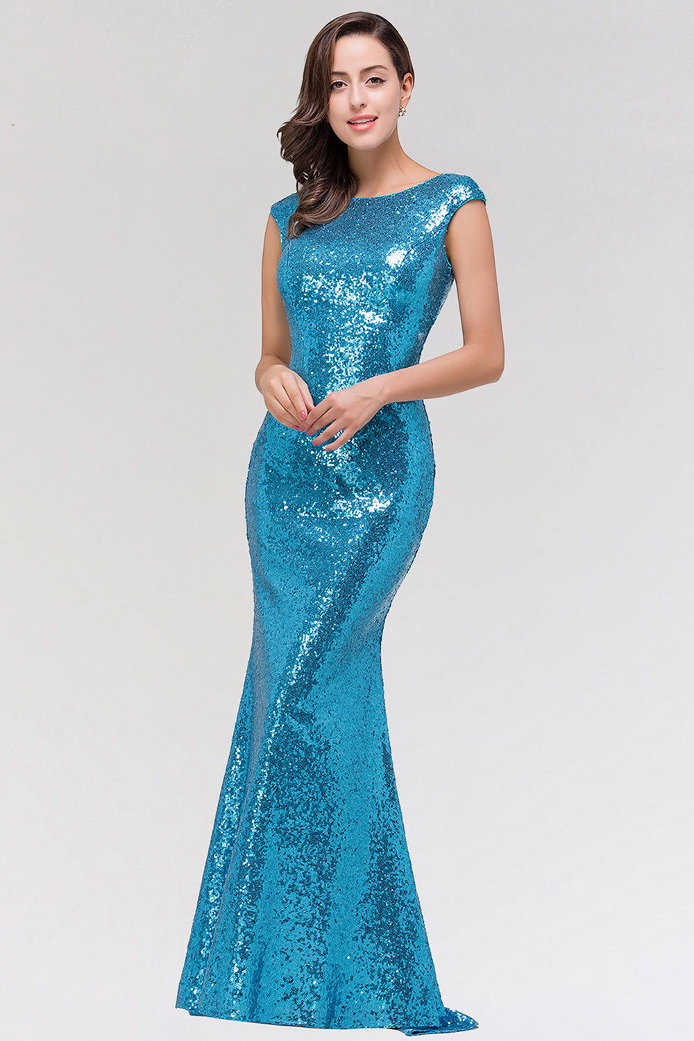 Shinny Sequined Long Mermaid Blue Affordable Bridesmaid Dress