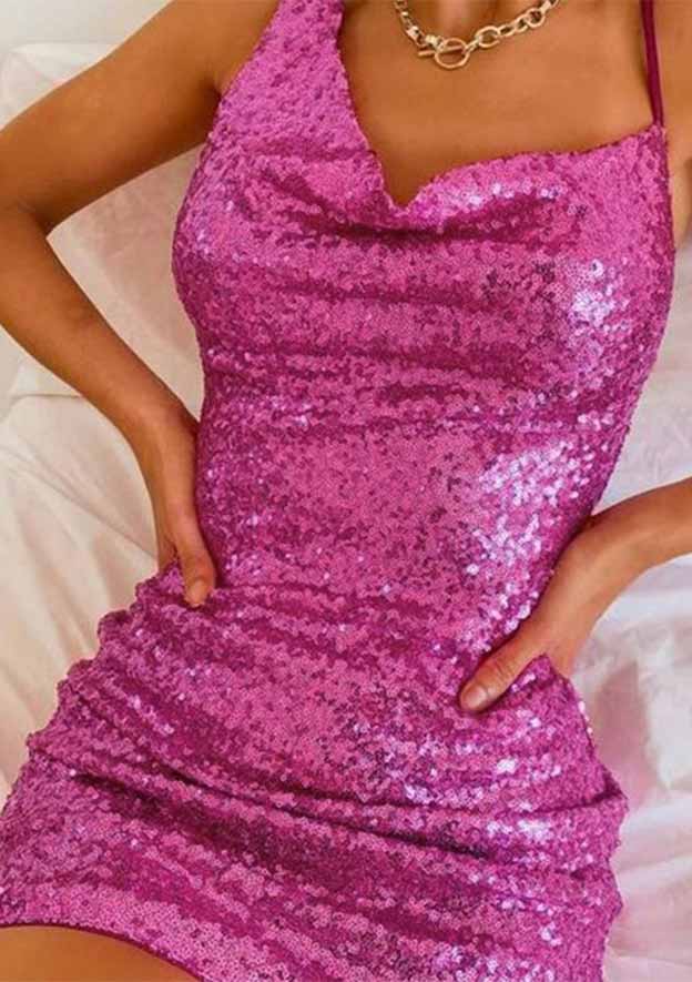 Short/Mini Sequined Homecoming Dress with Pleated Sheath/Column Cowl Neck Sleeveless