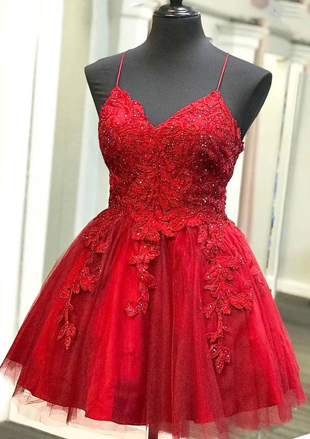 Short/Mini Homecoming Dress with Lace Tulle and Beading - A-line V Neck Sleeveless
