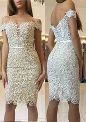 Short Sleeve Lace Homecoming Dress with Beaded Waistband - Sheath/Column Off-The-Shoulder Knee-Length