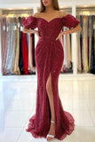 Short Sleeves Mermaid Prom Dress Long With Slit Off-the-Shoulder