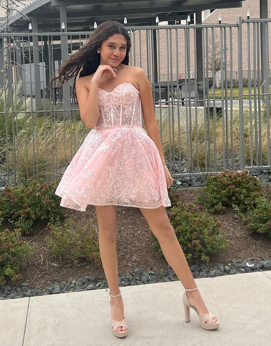 a line sweetheart homecoming dress Light Blue A-line Sweetheart Lace Homecoming Dresses With Ruffles, MH648