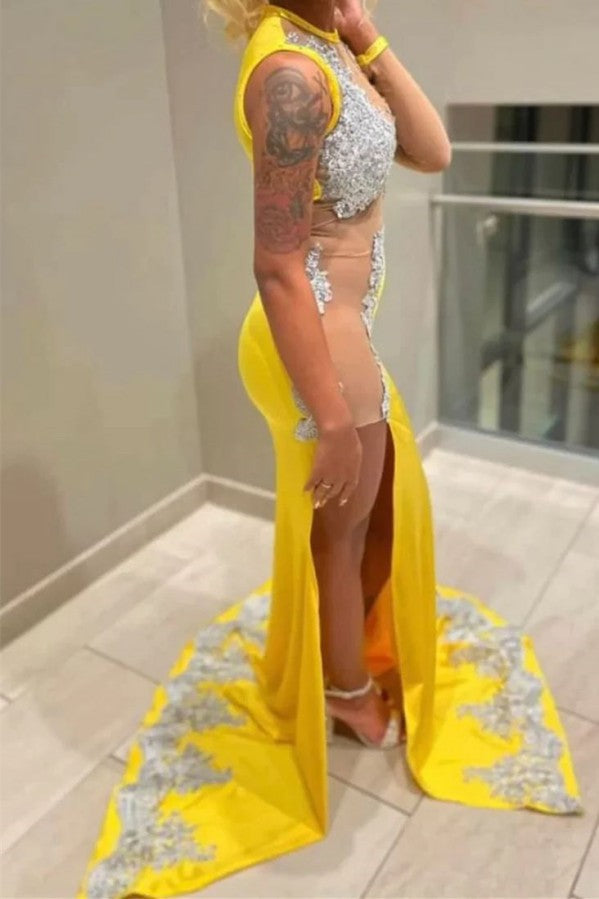 Side Split Yellow Prom Dress Mermaid With Appliques