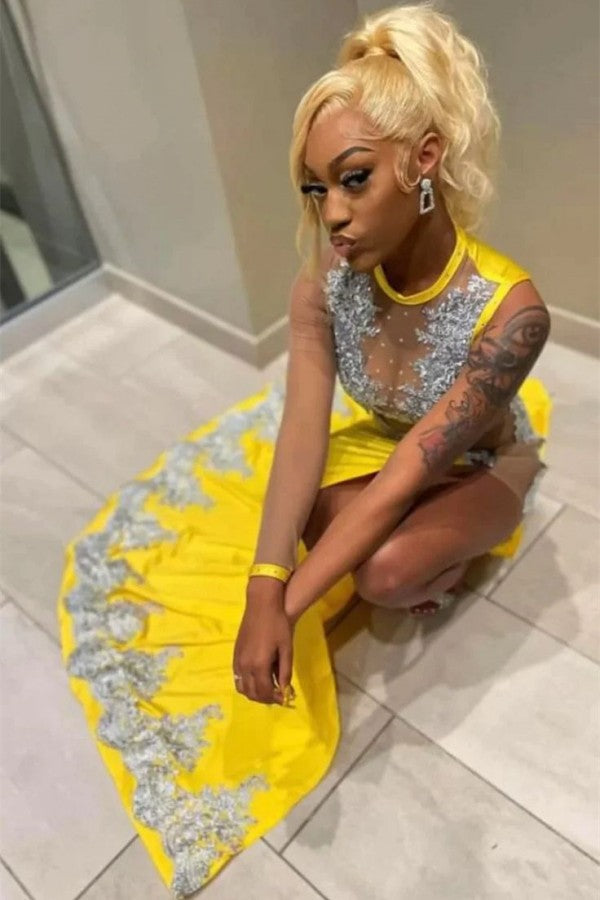 Side Split Yellow Prom Dress Mermaid With Appliques