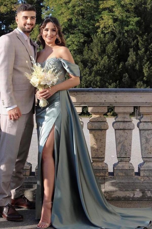 Silver Grey Off-the-Shoulder Prom Dress Split With Appliques Newinlook Silver Grey Off-the-Shoulder Prom Dress Split With Appliques Newinlook