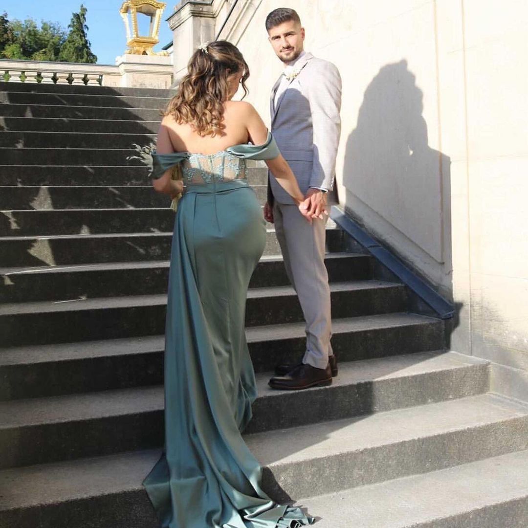 Silver Grey Off-the-Shoulder Prom Dress Split With Appliques Newinlook Silver Grey Off-the-Shoulder Prom Dress Split With Appliques Newinlook
