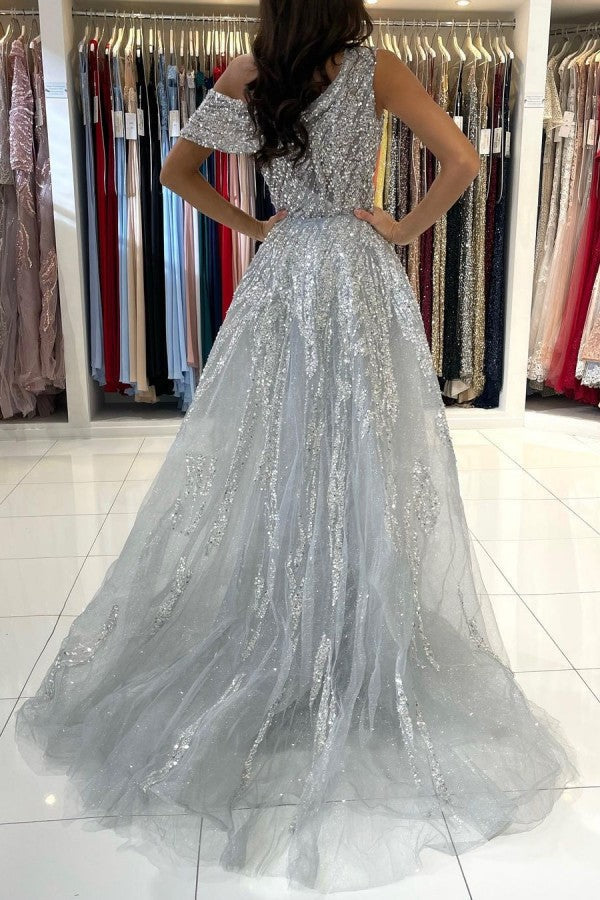 Silver Grey One Shoulder Prom Dress Overskirt With Sequins Beadings