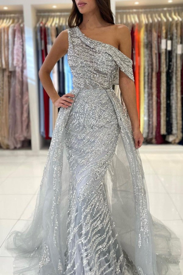 Silver Grey One Shoulder Prom Dress Overskirt With Sequins Beadings