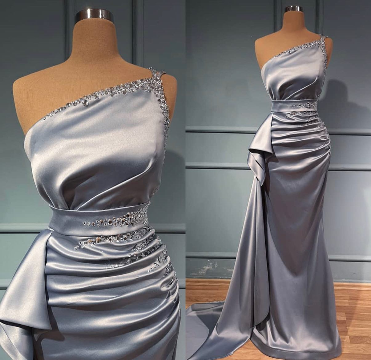 Silver One Shoulder Mermaid Prom Dress Long With Beads