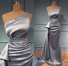 Silver One Shoulder Mermaid Prom Dress Long With Beads