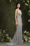 Silver Sequins Bridesmaid Dress V-Neck Sleeveless With Slit