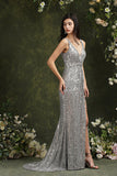 Silver Sequins Bridesmaid Dress V-Neck Sleeveless With Slit