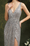 Silver Sequins Bridesmaid Dress V-Neck Sleeveless With Slit