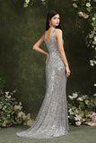 Silver Sequins Bridesmaid Dress V-Neck Sleeveless With Slit