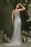 Silver Sequins Bridesmaid Dress V-Neck Sleeveless With Slit
