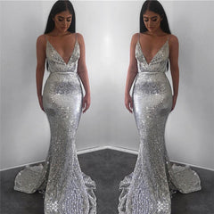 Silver Sequins Mermaid Prom Dress Sleeveless Spaghetti-Straps